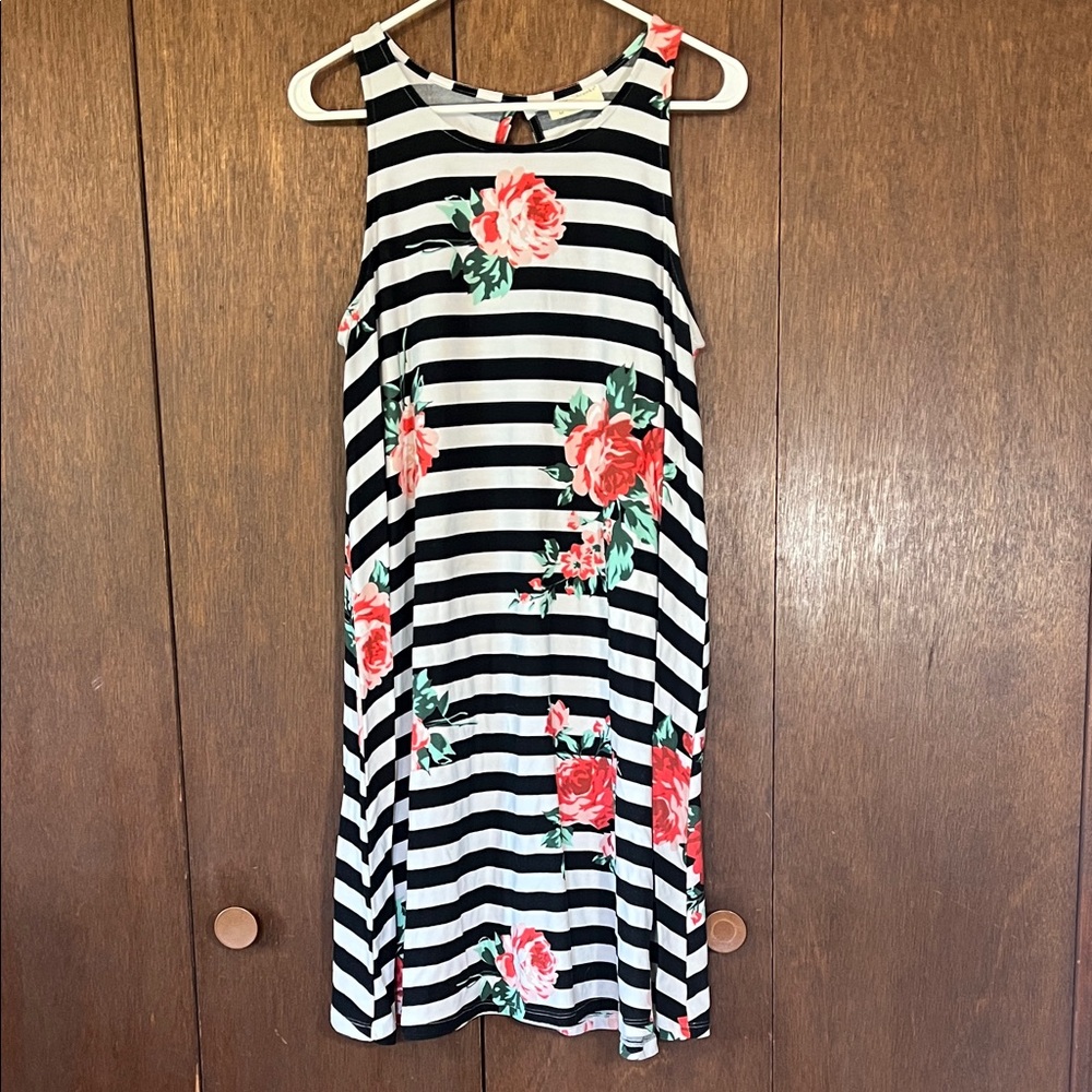 Bobbie Brooks Striped Midi Dress with Red Floral Pattern